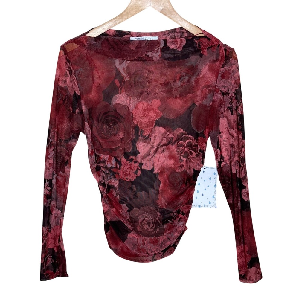 NWT Sweet Rain Floral Print Mesh Long Sleeve Blouse size Medium Red/Black